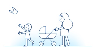 Drawn characters of a mother pushing a stroller and her little girl playing