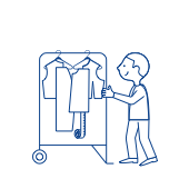 Drawn character depicting a man pushing a clothes rack